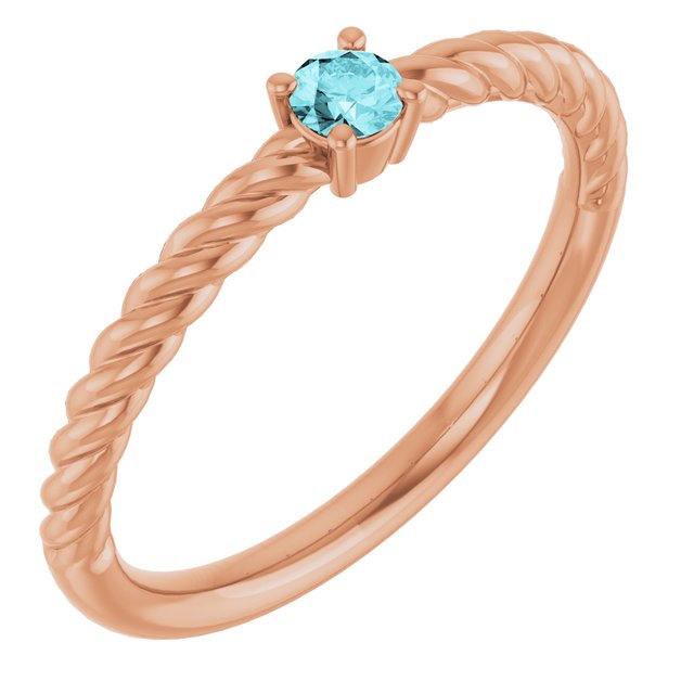 14K Rose 3 mm Natural Blue Zircon Solitaire Rope Ring