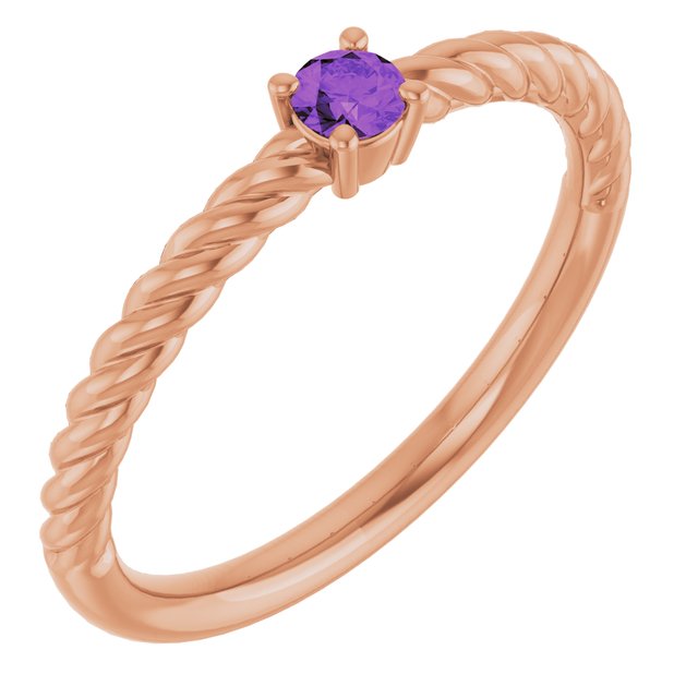 14K Rose 3 mm Natural Amethyst Solitaire Rope Ring
