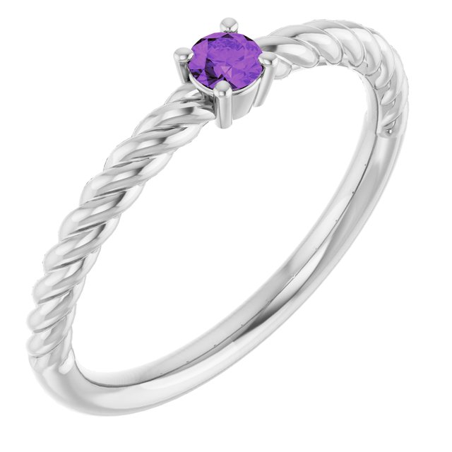 14K White 3 mm Natural Amethyst Solitaire Rope Ring