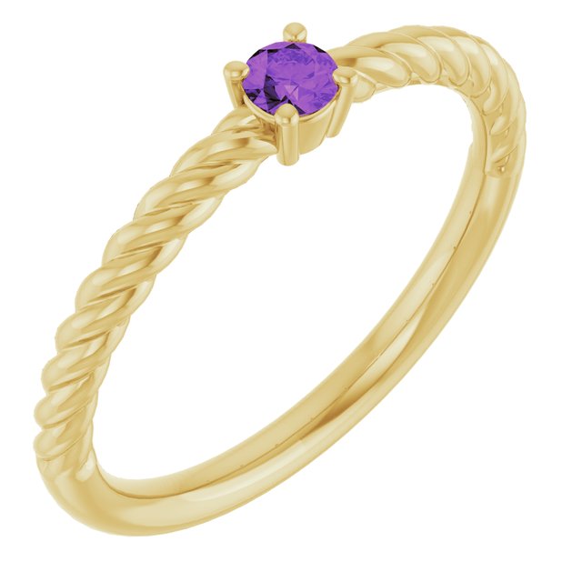 14K Yellow 3 mm Natural Amethyst Solitaire Rope Ring
