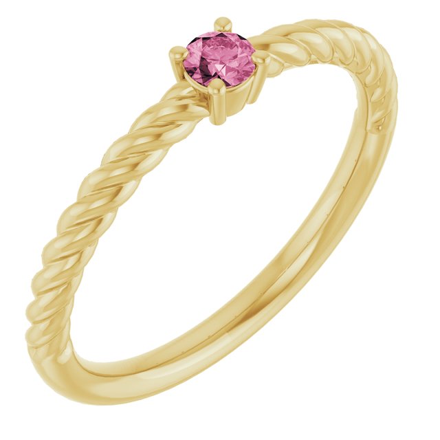 14K Yellow 3 mm Natural Pink Tourmaline Solitaire Rope Ring