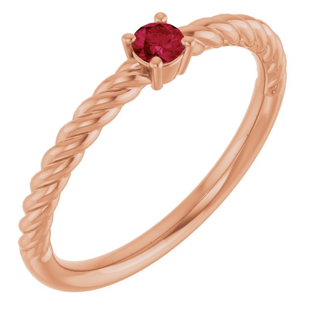 14K Rose 3 mm Natural Ruby Solitaire Rope Ring