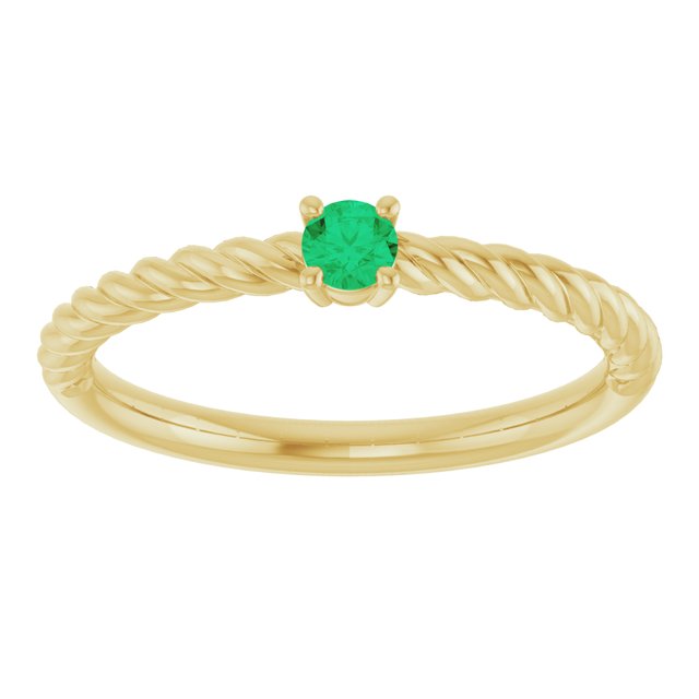 14K Yellow 3 mm Lab-Grown Emerald Solitaire Rope Ring
