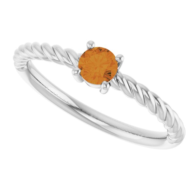 14K White 4 mm Natural Citrine Solitaire Rope Ring