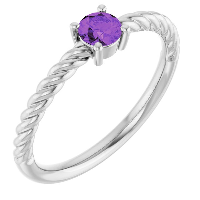 Sterling Silver 4 mm Natural Amethyst Solitaire Rope Ring