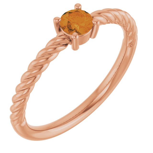 14K Rose 4 mm Natural Citrine Solitaire Rope Ring