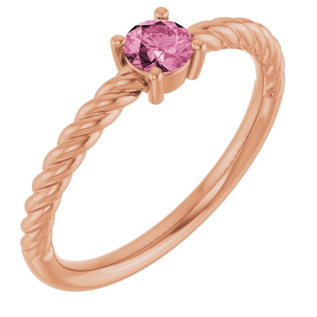 14K Rose 4 mm Natural Pink Tourmaline Solitaire Rope Ring
