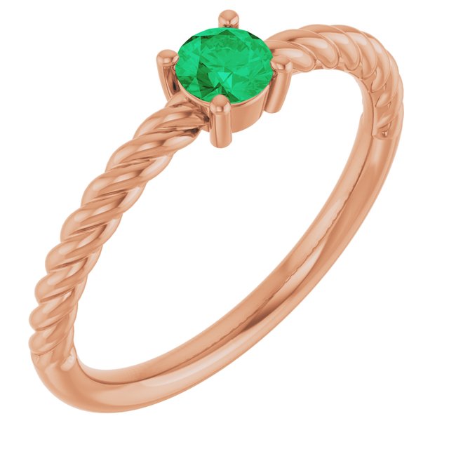 14K Rose 4 mm Lab-Grown Emerald Solitaire Rope Ring