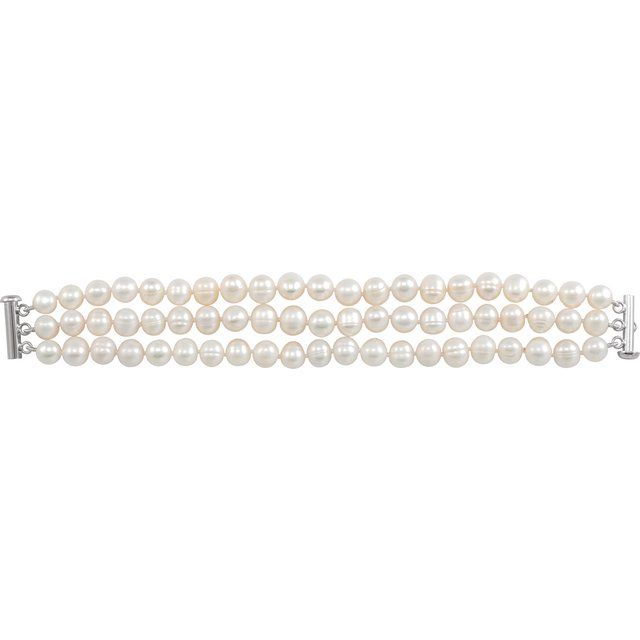 Sterling Silver Cultured White Freshwater Pearl Triple Strand 7 1/4