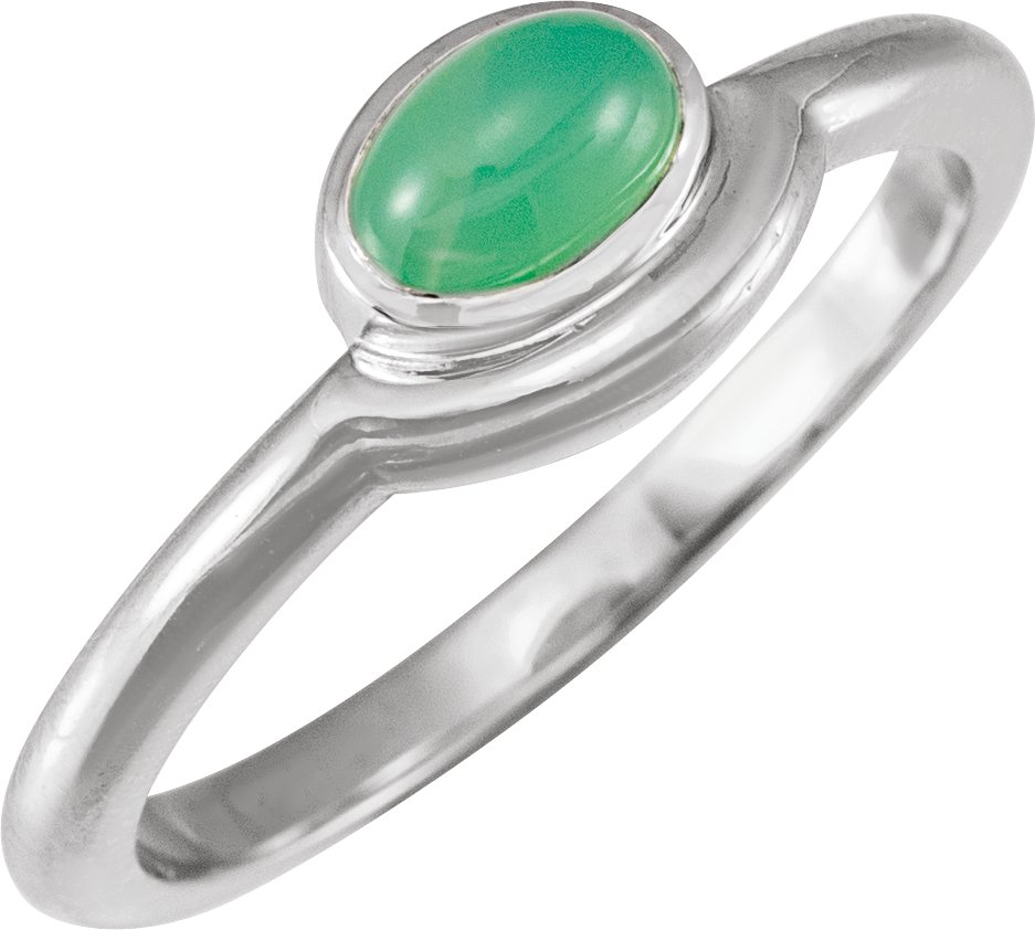 14K White Natural Green Chrysoprase Bezel-Set Cabochon Ring