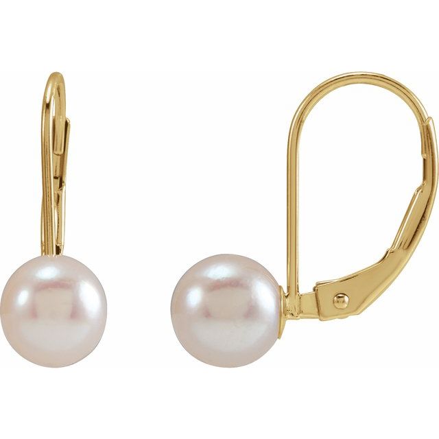 14K Yellow 6 mm Round Akoya Cultured Pearl Lever Back Earrings