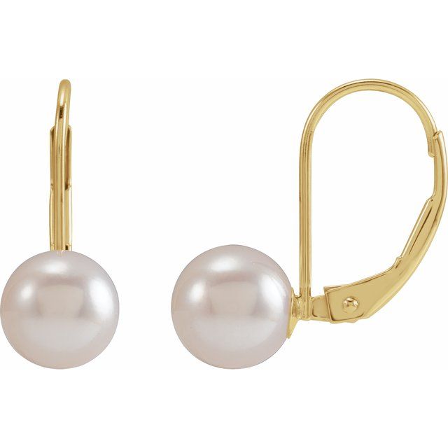 14K Yellow 7 mm Round Akoya Cultured Pearl Lever Back Earrings