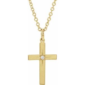 14K Yellow .0075 CT Natural Diamond Youth Cross 15" Necklace