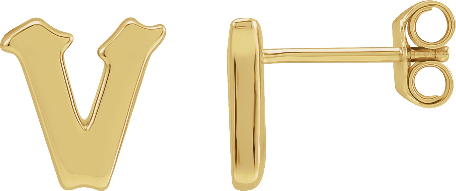 14K Yellow Single Gothic Initial V Earring