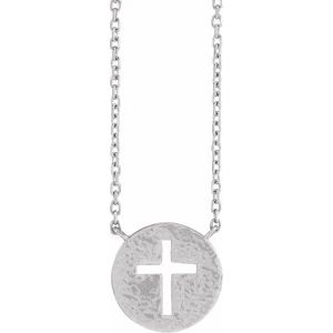 Sterling Silver Pierced Cross Hammered Disc 18" Necklace