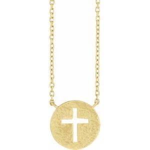 14K Yellow Pierced Cross Hammered Disc 18" Necklace