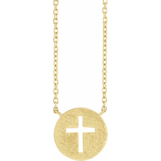 14K Yellow Pierced Cross Hammered Disc 18" Necklace
