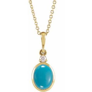 14K Yellow 8x6 mm Natural Turquoise & .03 CT Natural Diamond 16-18" Necklace