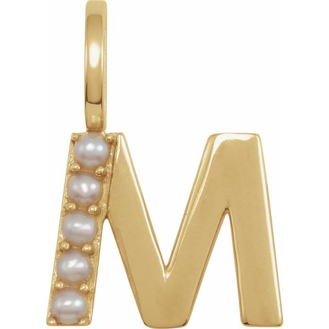 14K Yellow Cultured White Pearl Initial M Charm/Pendant