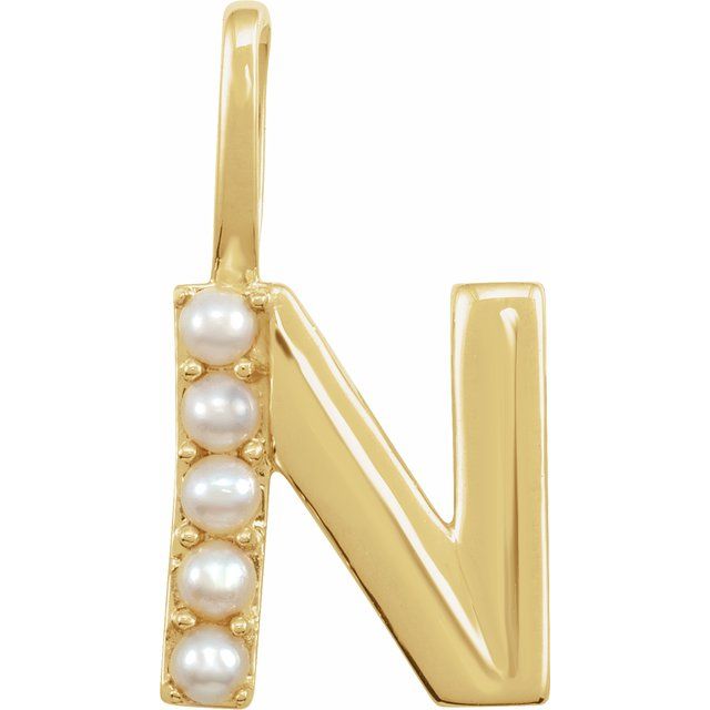 14K Yellow Cultured White Pearl Initial N Charm/Pendant