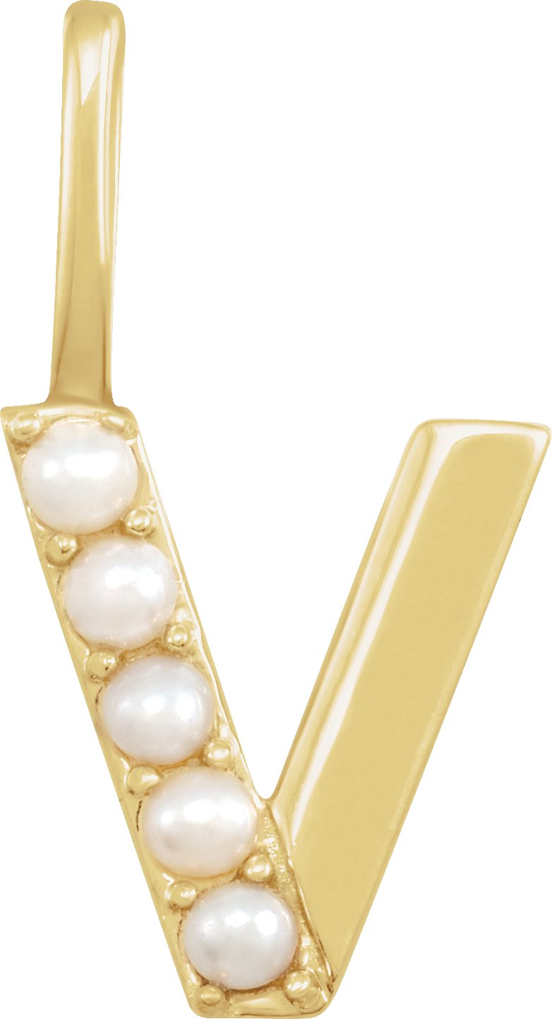 14K Yellow Cultured White Pearl Initial V Charm or Pendant Ref 18479305