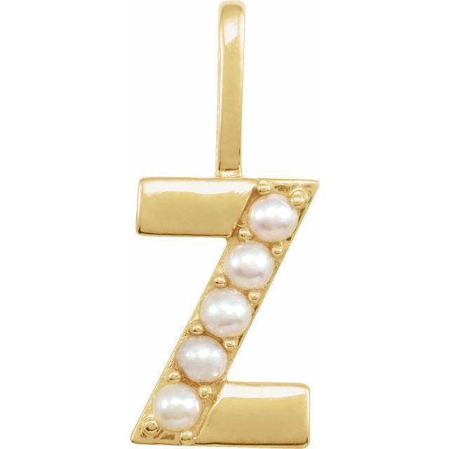 14K Yellow Cultured White Pearl Initial Z Charm/Pendant