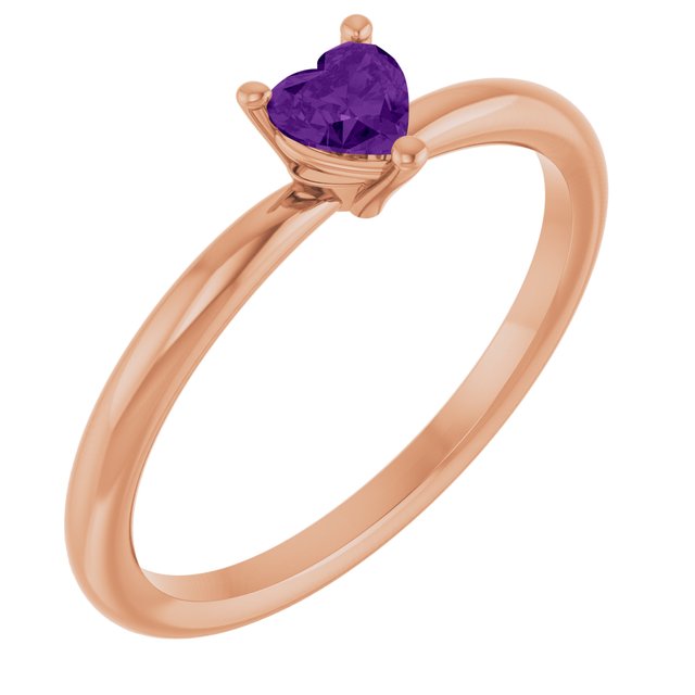 14K Rose Natural Amethyst Heart Solitaire Ring