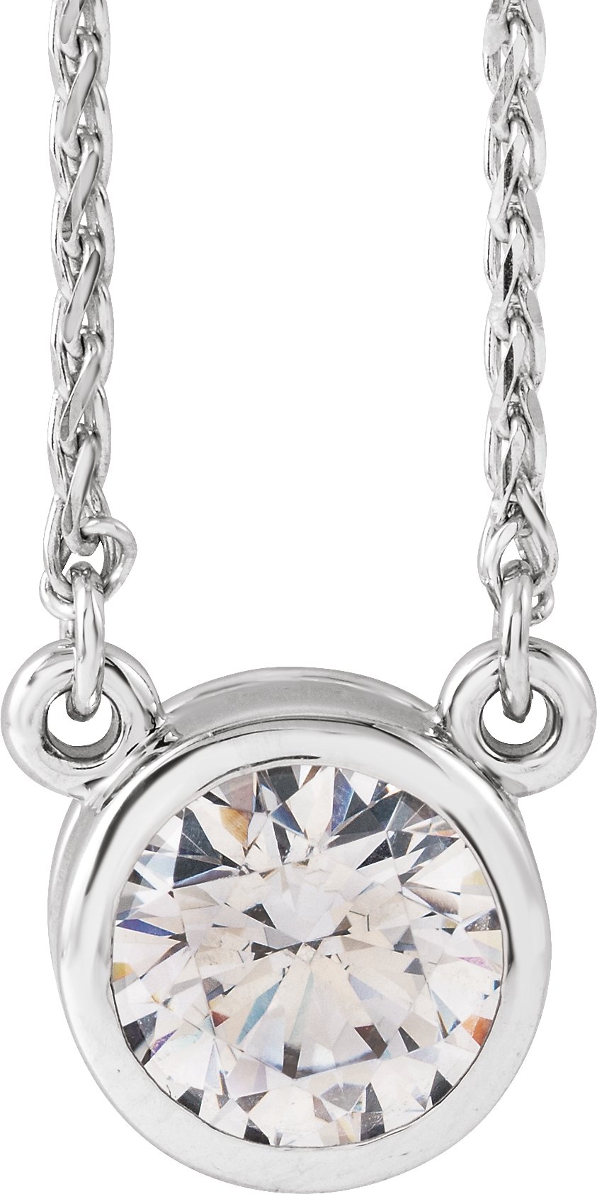 14K White 6.5 mm Round Cubic Zirconia Bezel-Set Solitaire 18" Necklace