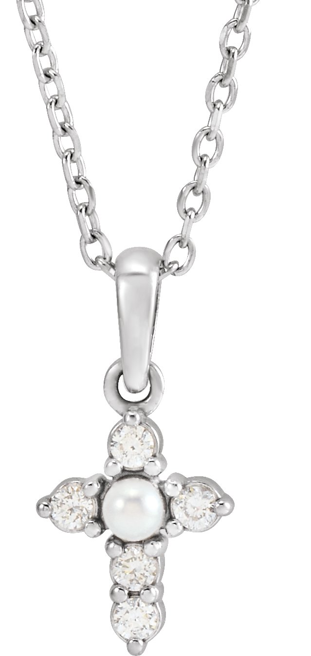 14K Yellow or White Gold Cultured White Seed Pearl Youth Cross 16