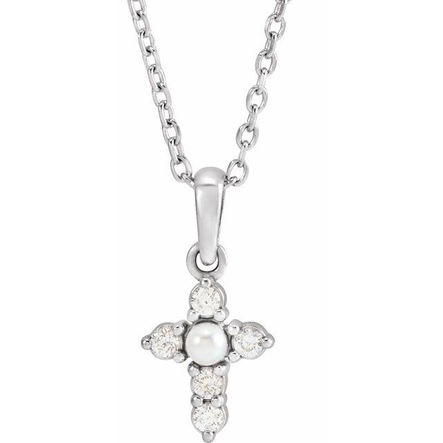 14K White Cultured White Seed Pearl & .07 CTW Natural Diamond Cross 16-18" Necklace