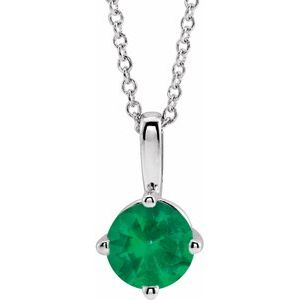 14K White 5 mm Round Emerald Solitaire 16-18" Necklace