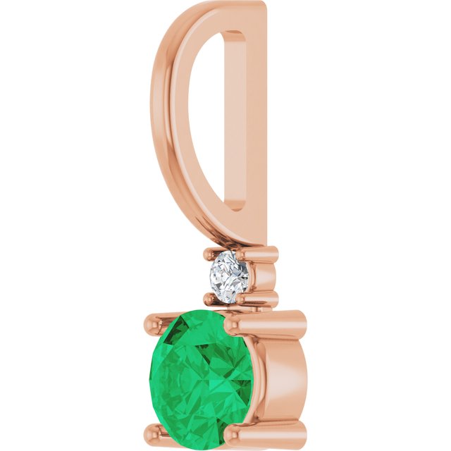 14K Rose Natural Emerald & .015 CT Natural Diamond Charm/Pendant