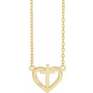 14K Yellow .0025 CT Natural Diamond Heart & Cross 18" Necklace