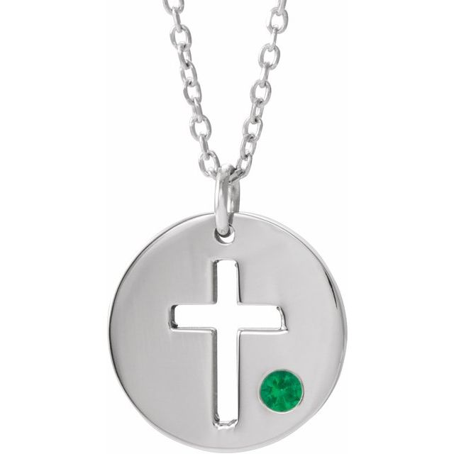 Sterling Silver Imitation Emerald Pierced Cross Disc 16-18