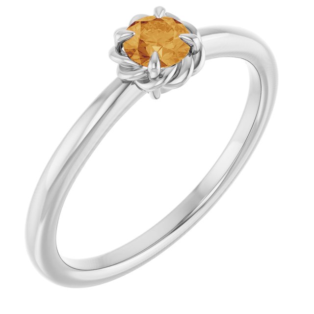 14K White Natural Citrine Solitaire Rope Ring