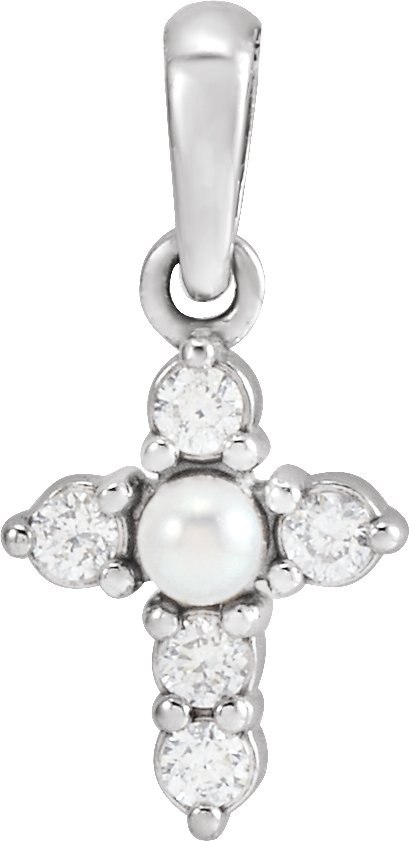 14K White Cultured White Seed Pearl & .07 CTW Natural Diamond Cross Pendant