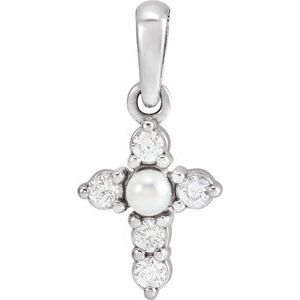 14K White Cultured White Seed Pearl & .07 CTW Natural Diamond Cross Pendant