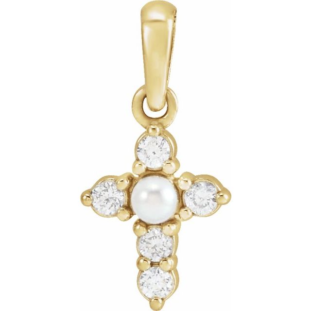 14K Yellow Cultured White Seed Pearl & .07 CTW Natural Diamond Cross Pendant