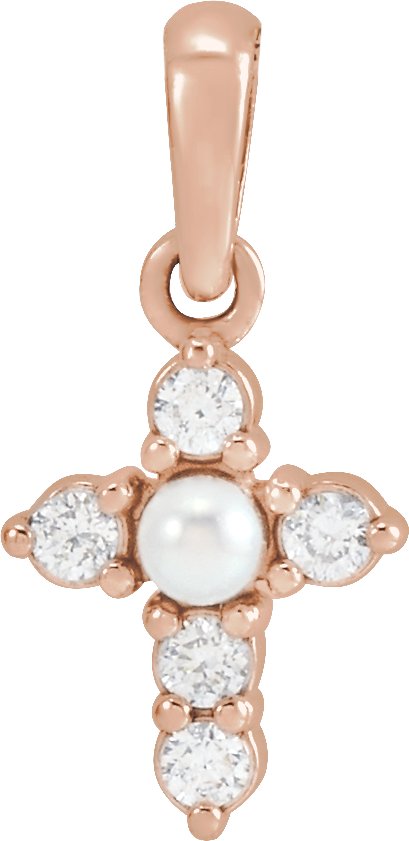 14K Rose Cultured White Seed Pearl & .07 CTW Natural Diamond Cross Pendant