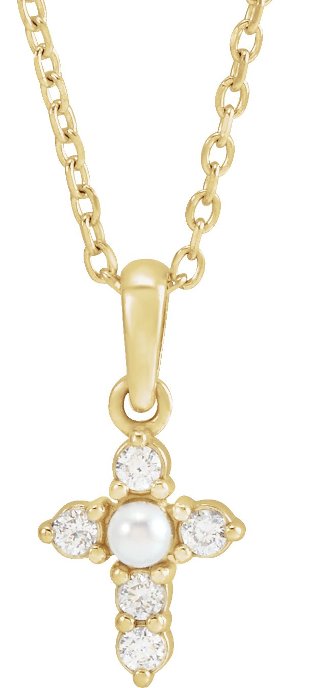 14K Yellow Cultured White Seed Pearl & .07 CTW Natural Diamond Cross 16-18" Necklace