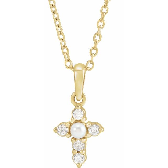14K Yellow Cultured White Seed Pearl & .07 CTW Natural Diamond Cross 16-18 Necklace