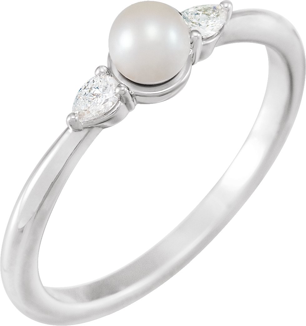 14K White Cultured White Akoya Pearl & 1/10 CTW Natural Diamond Ring