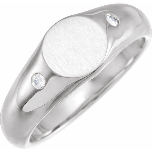 14K White  .06 CTW Natural Diamond 8.6 mm Round Signet Ring