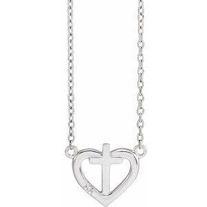 Sterling Silver .0025 CT Natural Diamond Heart & Cross 18" Necklace