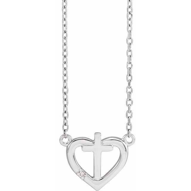 Sterling Silver .0025 CT Natural Diamond Heart & Cross 18