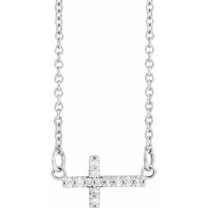 14K White .05 CTW Natural Diamond Sideways Cross 16-18" Necklace