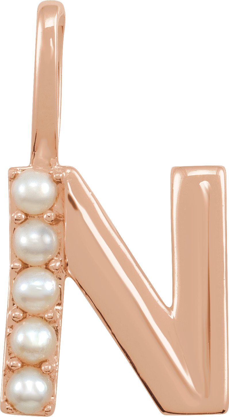 14K Rose Cultured White Pearl Initial N Charm or Pendant Ref 18479283