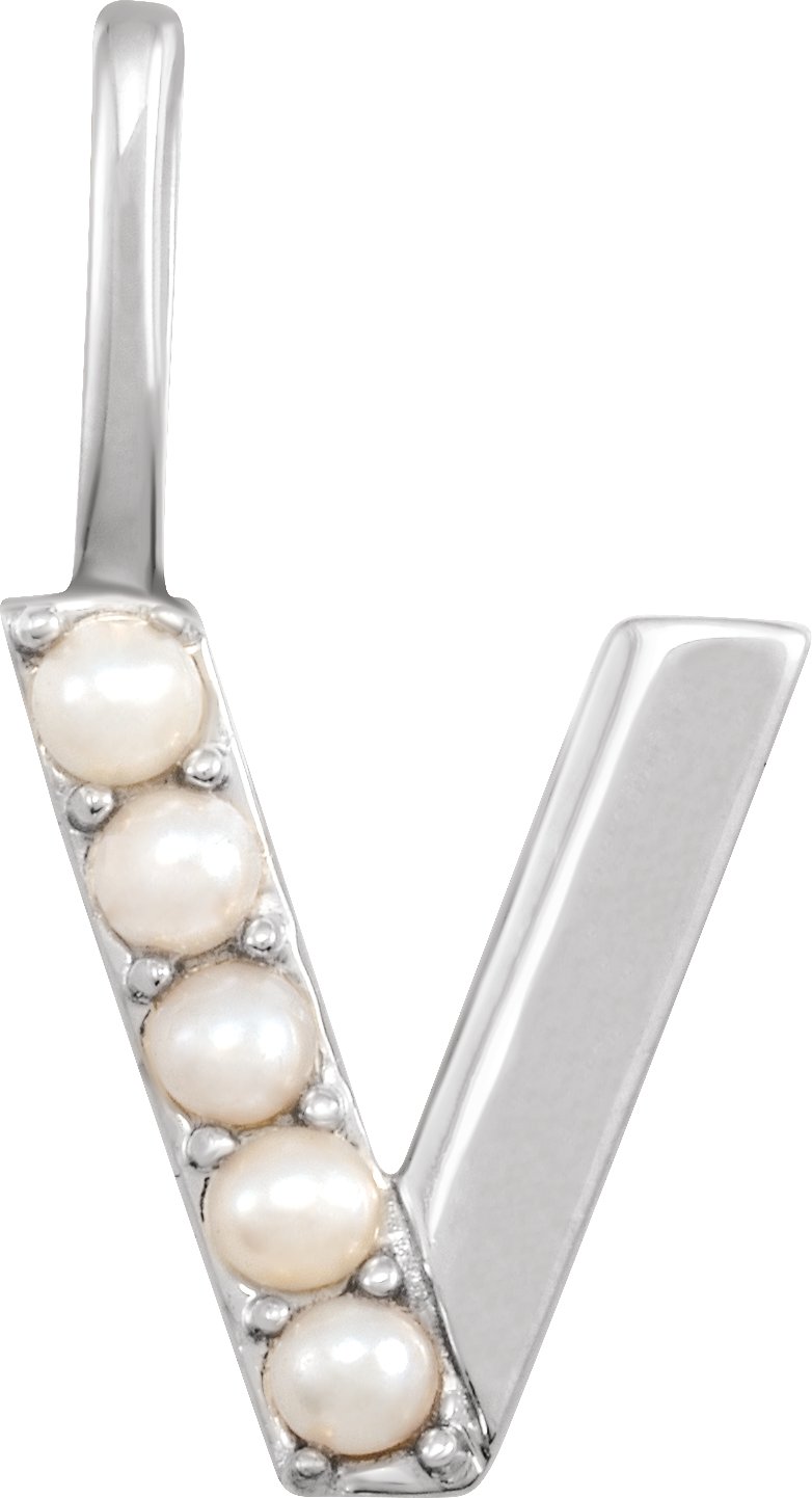 14K White Cultured White Pearl Initial V Charm or Pendant Ref 18479306