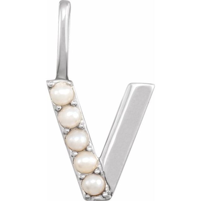 14K White Cultured White Pearl Initial V Charm/Pendant