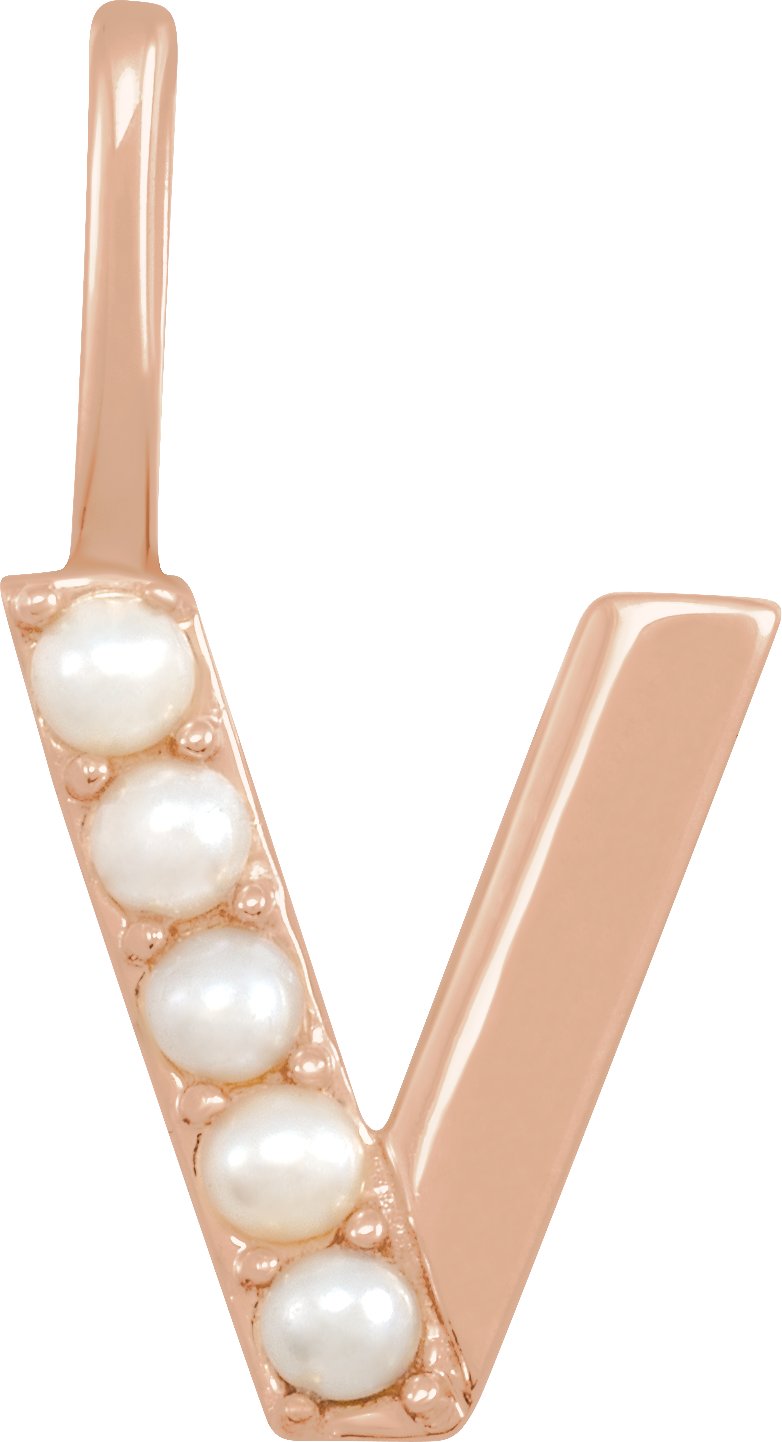 14K Rose Cultured White Pearl Initial V Charm or Pendant Ref 18479307